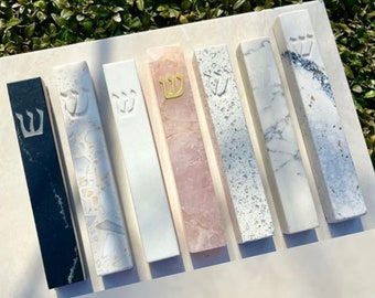 A&S Mezuzot Quartz-Marble Mezuzah Case with Engraved Shin Design Easy Peel and Stick Judaica Door Mezuzah