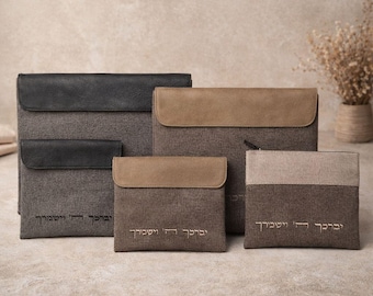 Linen Tallit Tefillin Bag Set, Modern Leatherette Design, Personalized Prayer Shawl Storage