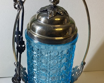 Victorian PICKLE Castor  Aqua Glass Insert, Silver Plate STAND