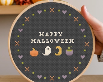Happy Halloween Kreuzstichmuster: Ein süßes, gruseliges & modernes Anfängermuster - Sofortiger Download PDF | Mit Geist, Mond, Kessel, Kürbis