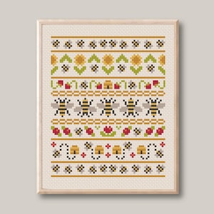 Bee Sampler Cross Stitch Pattern: Flowers, Strawberries, Sunflower (PDF Downloadable Pattern)