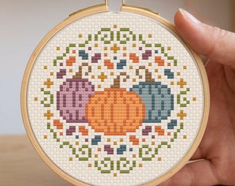 Fairytale Pumpkin Patch Cross Stitch Pattern | Small Cute Modern Fall Design with Colorful Pumpkins | For Autumn, Halloween | Digital PDF
