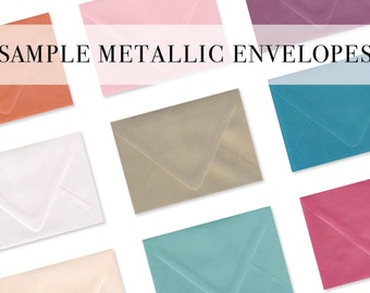 May include: A collection of metallic envelopes in various colors including pink, purple, orange, white, gold, teal, and magenta, arranged in a grid pattern. The text SAMPLE METALLIC ENVELOPES is printed in black across the center of the image.