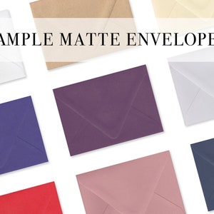 May include: A collection of matte envelopes in various colors including white, tan, purple, red, dusty rose, and navy blue, arranged in a grid pattern. The text "SAMPLE MATTE ENVELOPES" is printed in black across the center of the image.