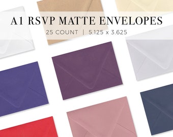 May include: A1 RSVP Matte Envelopes in a variety of colors, including white, ivory, kraft, purple, navy, blush, and red. The envelopes are 5.125 x 3.625 inches and come in a pack of 25.