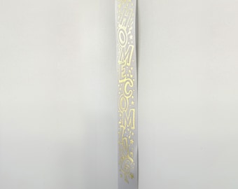 Homecoming Mum Ribbon: Gold Imprint on White Satin Lustre (Acetate) - 1 5/16"