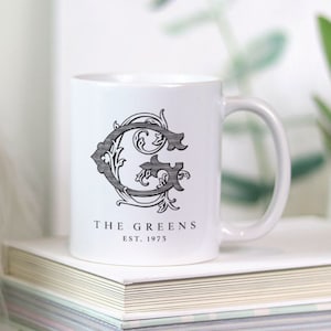 11 oz. Semi-Custom Vine Monogram White Mug | Personalized Drinkware | Couples Housewarming Gift, Holiday Gift | White Ceramic Coffee Mug