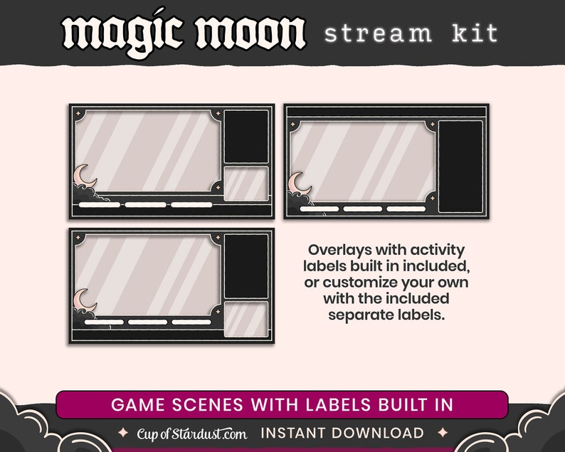 Magic Moon Twitch Overlays Animated Stream Assets Stream Alerts Crescent Moon Starting Soon Videos Gamer Black Lo-fi Dark image 7