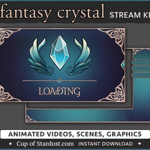 Fantasy Crystal Stream Overlays Kit - Animated Starting Videos, Twitch Panels, VTuber Assets, Schedule - FFXIV - Blue, Gold, Teal, Fancy