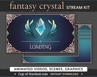 Fantasy Crystal Stream Overlays Kit - Animated Starting Videos, Twitch Panels, VTuber Assets, Schedule - FFXIV - Blue, Gold, Teal, Fancy