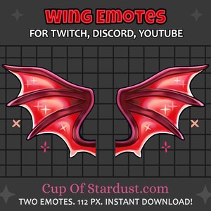Puede incluir: Dos alas animadas rojas y rosadas con detalles brillantes. Las alas están sobre un fondo de cuadrícula negro y blanco. El texto "WING EMOTES" está en la parte superior de la imagen. El texto "FOR TWITCH, DISCORD, YOUTUBE" está debajo del título. El texto "Cup Of Stardust.com" está en la parte inferior de la imagen. El texto "TWO EMOTES. 112 PX. INSTANT DOWNLOAD!" está debajo de la dirección del sitio web.