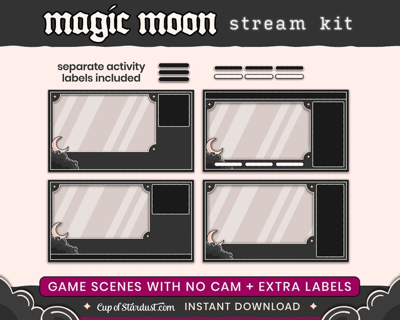 Magic Moon Twitch Overlays Animated Stream Assets Stream Alerts Crescent Moon Starting Soon Videos Gamer Black Lo-fi Dark image 6