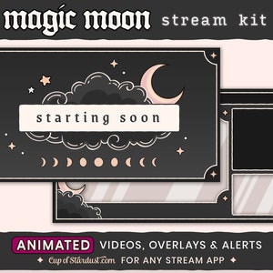 Magic Moon Twitch Overlays - Animated Stream Assets - Stream Alerts - Crescent Moon - Starting Soon Videos - Gamer - Black - Lo-fi - Dark