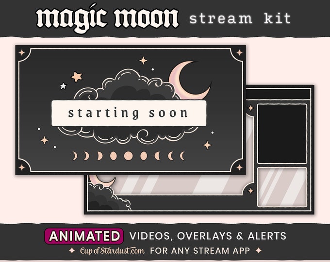 Magic Moon Twitch Overlays - Animated Stream Assets - Stream Alerts - Crescent Moon - Starting Soon Videos - Gamer - Black - Lo-fi - Dark