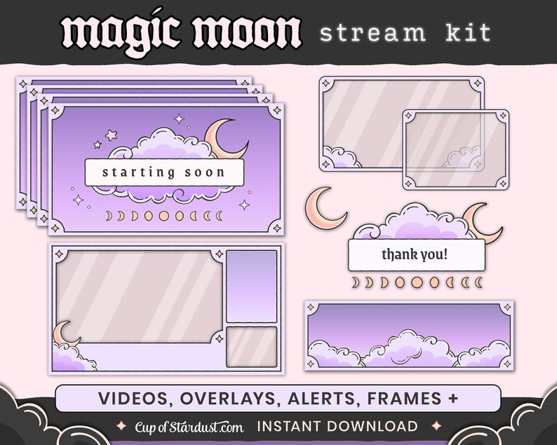 Magic Moon Stream Package Purple Cloud Twitch Overlays, Animated Videos Alerts image 2