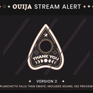 May include: A black and gold Ouija board planchette with the words "Thank You" and a crescent moon design. The planchette is on a black background with white lines.