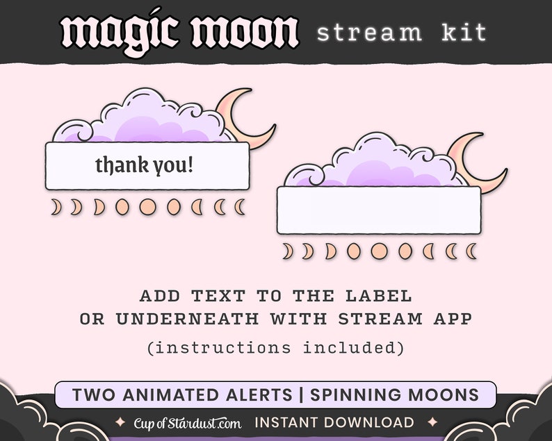 Magic Moon Stream Package Purple Cloud Twitch Overlays, Animated Videos Alerts image 5