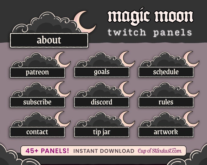 Magic Moon Twitch Panels | Black Cloud + Gold Moon | Dark Celestial Profile Panels