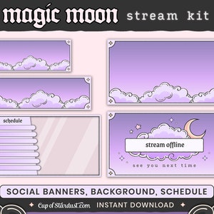 Magic Moon Stream Package Purple Cloud Twitch Overlays, Animated Videos Alerts image 3