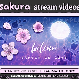 Stream Starting Soon Sakura Moon Standby Videos - OBS Starting, BRB, Ending Scenes - Cherry Blossoms Water - Purple - Pink Lofi