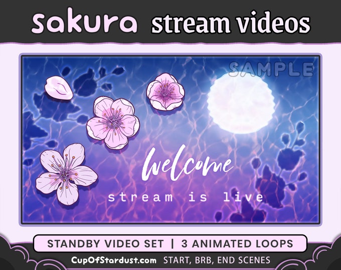 Stream Starting Soon Sakura Moon Standby Videos - OBS Starting, BRB, Ending Scenes - Cherry Blossoms Water - Purple - Pink Lofi