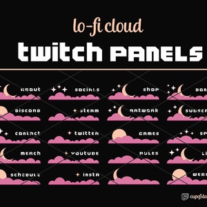May include: A set of 16 Twitch panels featuring pink clouds with various icons and text, including "About", "Socials", "Shop", "Donate", "Discord", "Stream", "Artwork", "Subscribe", "Contact", "Twitter", "Games", "Specs", "Merch", "YouTube", "Rules", "Links", "School", "Insta", and "Website".