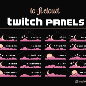 Twitch Profile Panels: Pink Clouds + Moon + Stars | Aesthetic Lo-fi Twitch Info Panel Headers