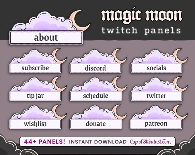 Magic Moon Twitch Panels - Purple Cloud + Moon - Cute Profile Info Panels - Stream Assets