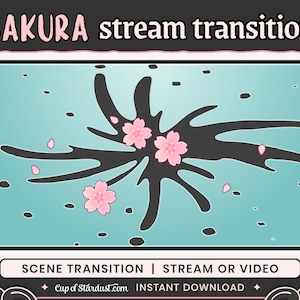 May include: A digital stream transition graphic with the text "SAKURA stream transition." The design features a black abstract shape with pink cherry blossoms and falling petals on a teal background. The bottom banner reads "SCENE TRANSITION | STREAM OR VIDEO."