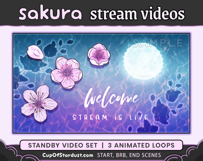 Floating Sakura Stream Starting Soon Scenes - Standby Videos: OBS Starting, BRB, Ending Scenes - Cherry Blossoms Water - Purple Pink Lofi