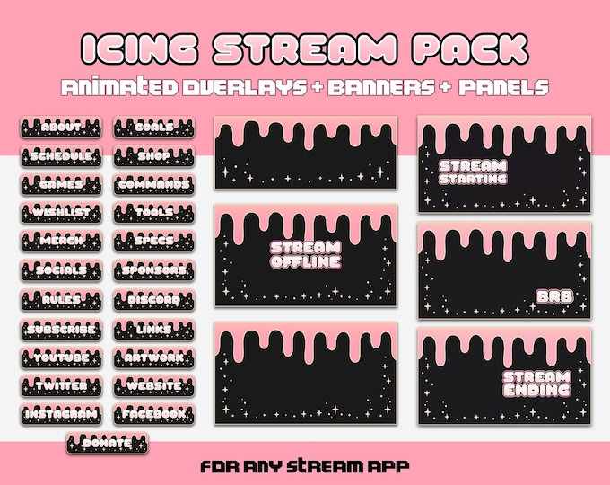 Pink Twitch Stream Overlays / Banners / Profile Panels | Cute Animated Video Scenes + Graphics