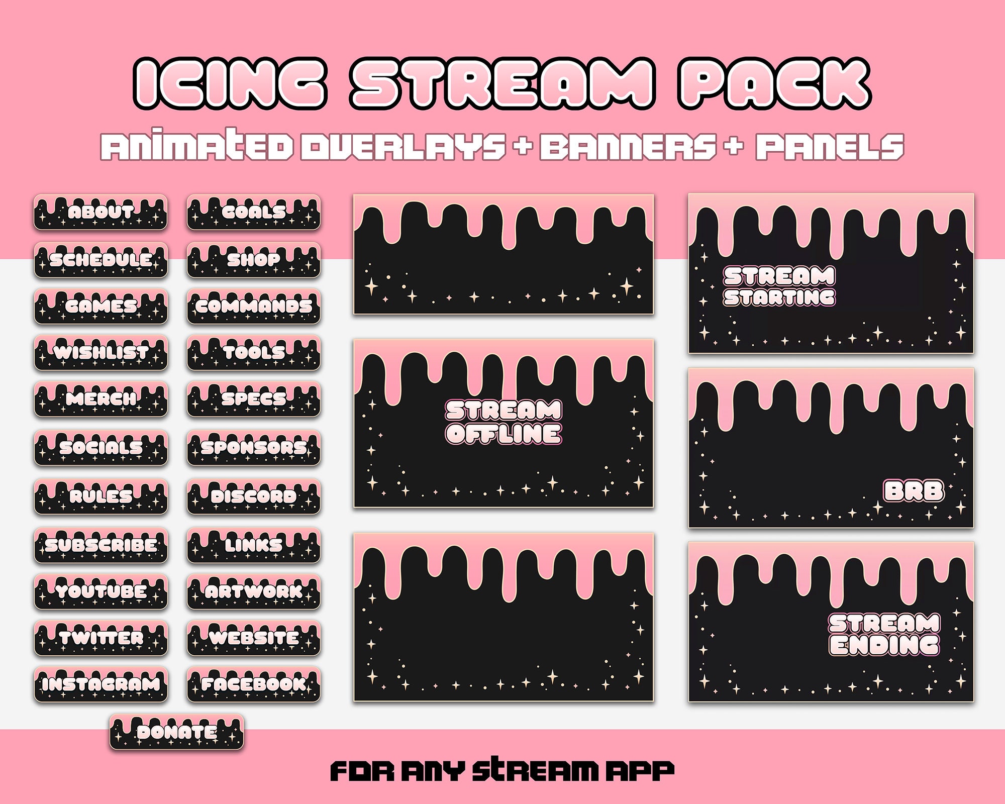 Pink Twitch Stream Overlays / Banners / Profile Panels | Cute Animated