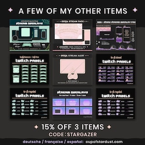 May include: A collage of nine images showcasing various Twitch stream overlays and panels. The images feature different themes, including leafy banners, clouds, crystals, and an Ouija board. The text "15% OFF 3 ITEMS CODE: STARGAZER" is displayed at the bottom of the collage.