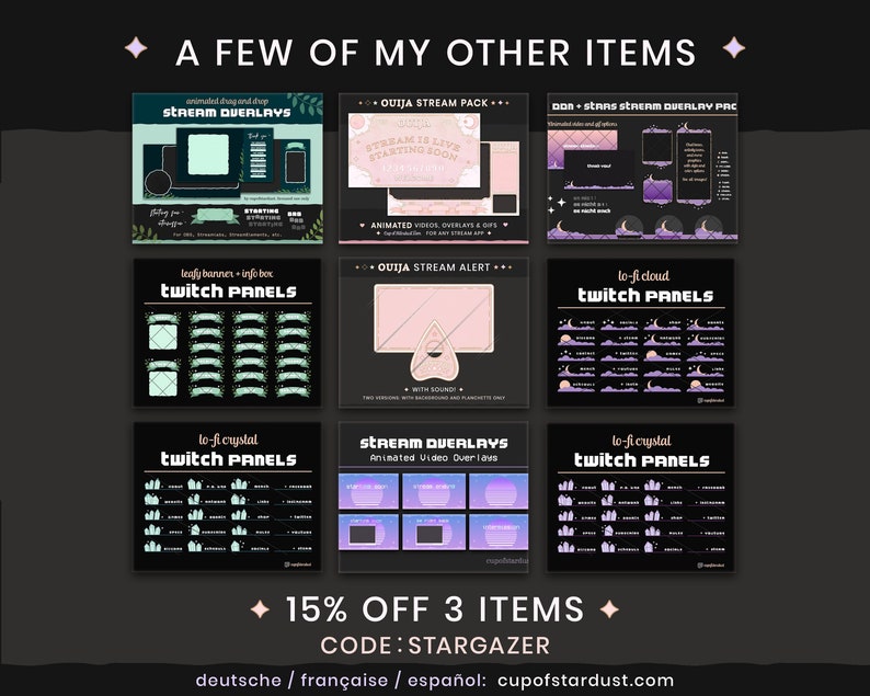 May include: A collage of nine images showcasing various Twitch stream overlays and panels. The images feature different themes, including leafy banners, clouds, crystals, and an Ouija board. The text "15% OFF 3 ITEMS CODE: STARGAZER" is displayed at the bottom of the collage.