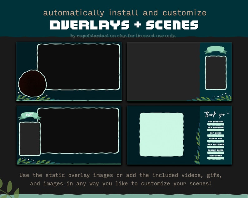 Leaf Star Twitch Overlay Design Pack Stream Overlays for Twitch, Youtube Video OBS, Streamlabs, StreamElements Compatible Alerts image 2