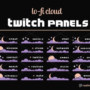 Twitch Profile Panels: Lo-Fi Moon, Cloud, & Stars - Aesthetic Lavender Purple + Gold Crescent + Full Moon Cloud Profile Sections