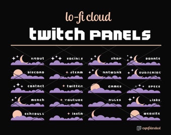 Twitch Profile Panels: Lo-Fi Moon, Cloud, & Stars - Aesthetic Lavender Purple + Gold Crescent + Full Moon Cloud Profile Sections