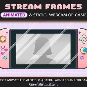 Puede incluir: Marco de transmisión de webcam o juego animado rosa y negro con una relación de 16:9. El marco está diseñado para parecerse a una consola Nintendo Switch con un sol, corazones y una luna en el lado izquierdo y estrellas en el lado derecho. El texto "STREAM FRAMES" está en la parte superior de la imagen y el texto "ANIMATED & STATIC. WEBCAM OR GAME" está debajo del marco. El texto "LOOP OR ANIMATE FOR ALERTS. 16:9 RATIO. LARGE ENOUGH FOR GAMES" está en la parte inferior de la imagen. El texto "Cup of Stardust.com" está en la parte inferior central de la imagen.
