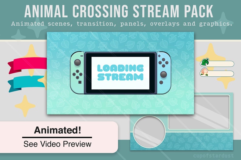 Animal Crossing Stream Overlays / ACNH Switch Twitch Theme Pack Animated Starting, BRB, Ending Videos, Stinger, Panels image 1