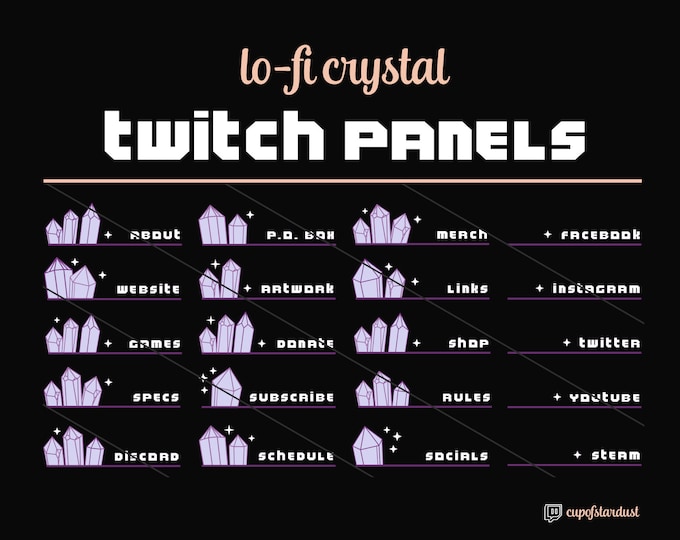 Cute Twitch Panels w/ Crystals and Stars - 21 Twitch Panel Art Files Instant Digital Download - Lo Fi Aesthetic Magenta Pretty Vaporwave