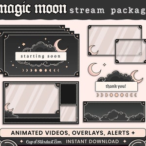 Magic Moon Twitch Overlays Animated Stream Assets Stream Alerts Crescent Moon Starting Soon Videos Gamer Black Lo-fi Dark image 2