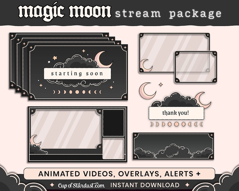 Magic Moon Twitch Overlays Animated Stream Assets Stream Alerts Crescent Moon Starting Soon Videos Gamer Black Lo-fi Dark image 2