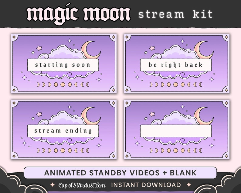 Magic Moon Stream Package Purple Cloud Twitch Overlays, Animated Videos Alerts image 4