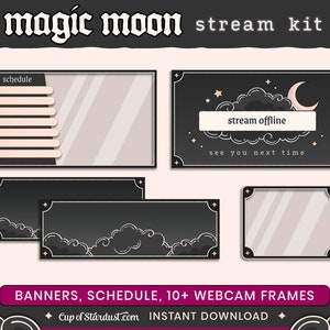 Magic Moon Twitch Overlays Animated Stream Assets Stream Alerts Crescent Moon Starting Soon Videos Gamer Black Lo-fi Dark image 3