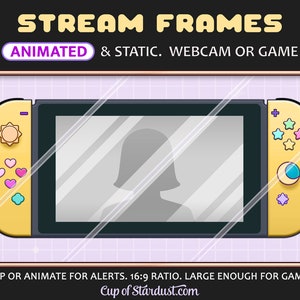 May include: A yellow and grey animated webcam frame with a 16:9 aspect ratio. The frame is designed to look like a Nintendo Switch console with a screen displaying a silhouette of a person. The frame has a variety of colourful buttons and icons on the sides. The text "STREAM FRAMES" is at the top of the image, and the text "ANIMATED & STATIC. WEBCAM OR GAME" is below the frame. The text "LOOP OR ANIMATE FOR ALERTS. 16:9 RATIO. LARGE ENOUGH FOR GAMES" is at the bottom of the image, and the text "Cup of Stardust.com" is below that.