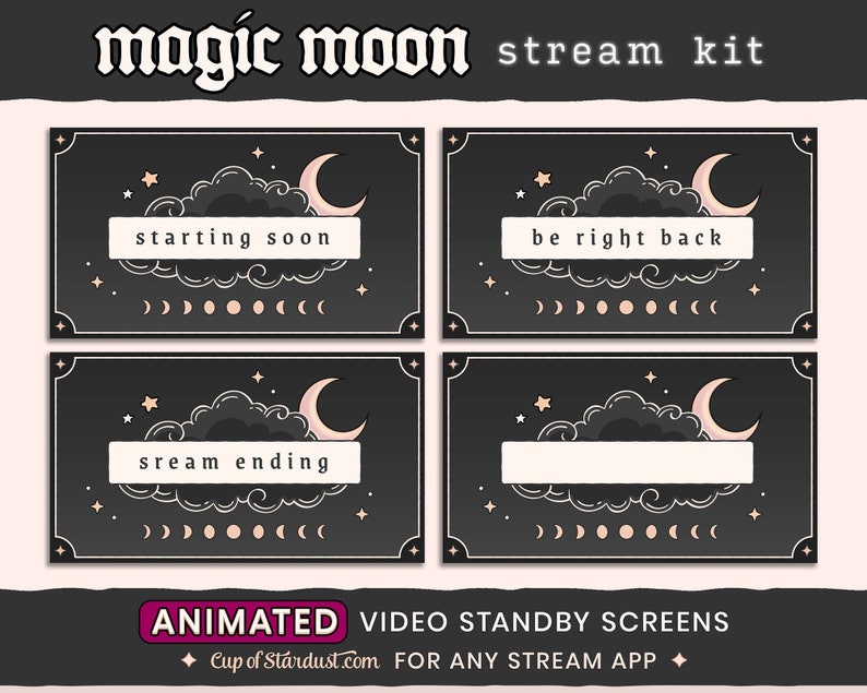 Magic Moon Twitch Overlays Animated Stream Assets Stream Alerts Crescent Moon Starting Soon Videos Gamer Black Lo-fi Dark image 4