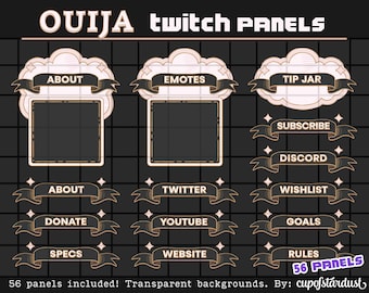 May include: A set of 56 Twitch panels with a black background and gold accents. The panels feature a variety of topics, including "About", "Emotes", "Tip Jar", "Subscribe", "Discord", "Twitter", "Wishlist", "Donate", "YouTube", "Goals", "Specs", "Website", and "Rules".