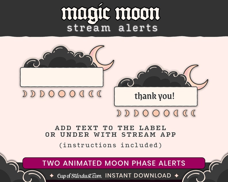 Magic Moon Twitch Overlays Animated Stream Assets Stream Alerts Crescent Moon Starting Soon Videos Gamer Black Lo-fi Dark image 8