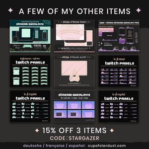 May include: A collage of nine images showcasing various Twitch stream overlays and panels. The images feature different themes, including leafy banners, clouds, crystals, and an Ouija board. The text "15% OFF 3 ITEMS CODE: STARGAZER" is displayed at the bottom of the collage.