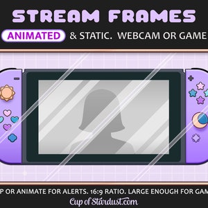 May include: Purple and black animated webcam frame with a 16:9 aspect ratio, featuring a stylized Nintendo Switch design with a sun, hearts, and stars on the buttons. The text "STREAM FRAMES" and "ANIMATED & STATIC. WEBCAM OR GAME" is at the top of the image. The text "LOOP OR ANIMATE FOR ALERTS. 16:9 RATIO. LARGE ENOUGH FOR GAMES" is at the bottom of the image. The text "Cup of Stardust.com" is at the bottom center of the image.